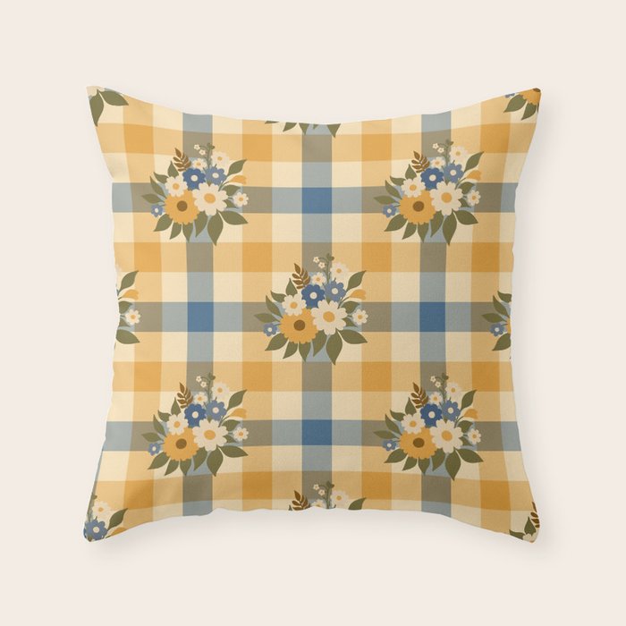 Country Retro Cottage Flowers plaid Throw Pillow Gallery Image 6