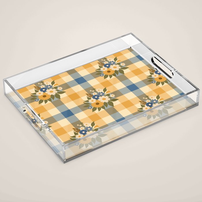 Country Retro Cottage Flowers plaid Acrylic Tray Gallery Image 1