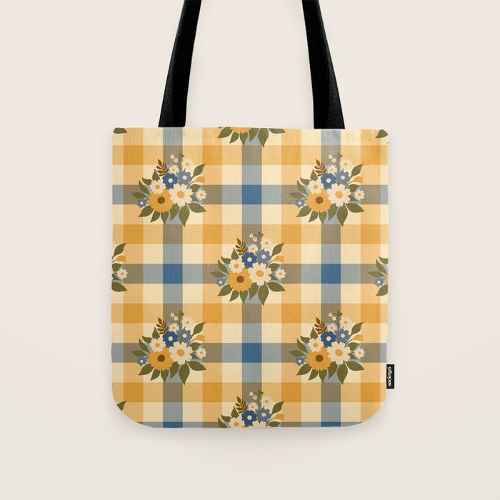 Country Retro Cottage Flowers plaid Tote Bag Gallery Image 1