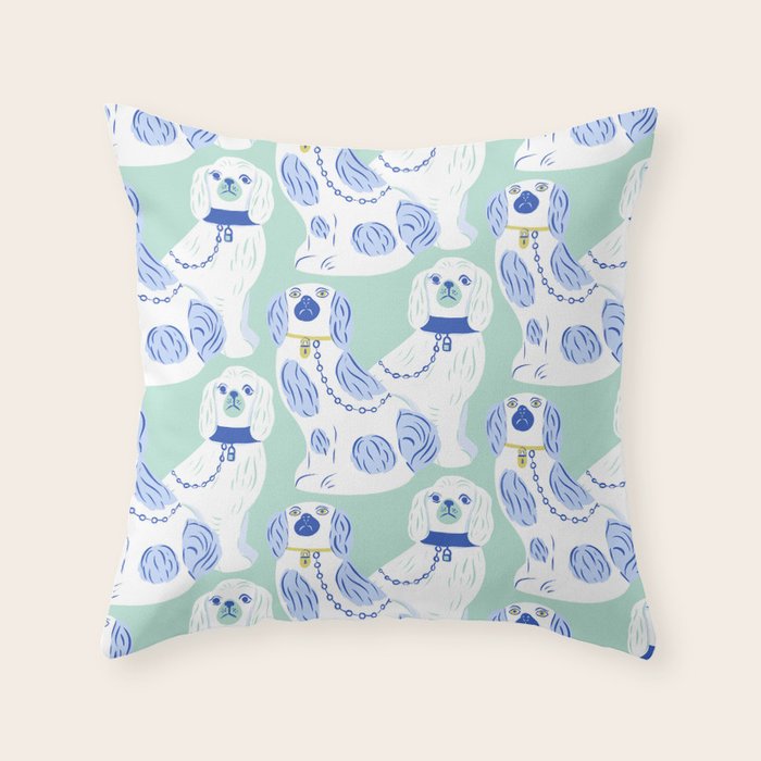 Staffordshire Dogs in Teal and Blue Throw Pillow Gallery Image 1
