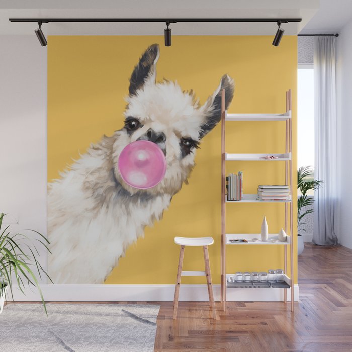 Bubble Gum Sneaky Llama in Yellow Wall Mural Gallery Image 1