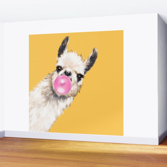 Bubble Gum Sneaky Llama in Yellow Wall Mural Gallery Image 2