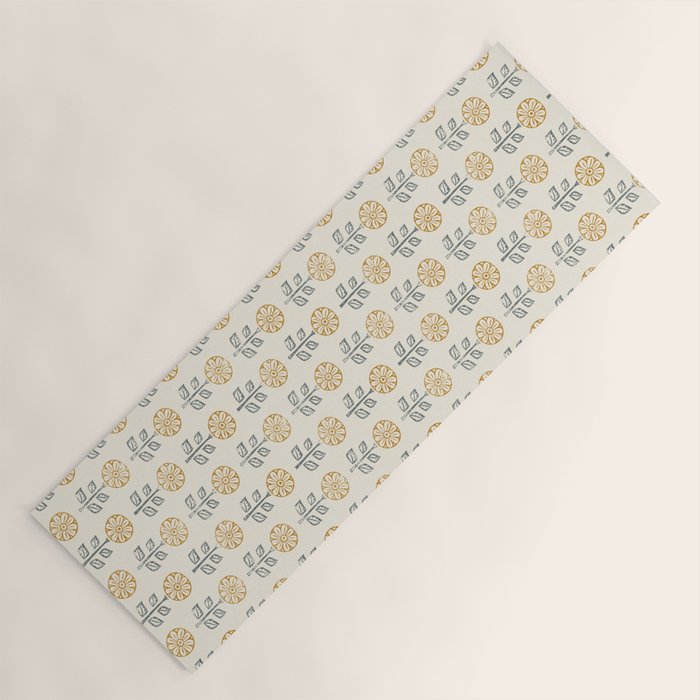 block print floral - mustard blue cream Yoga Mat Gallery Image 1