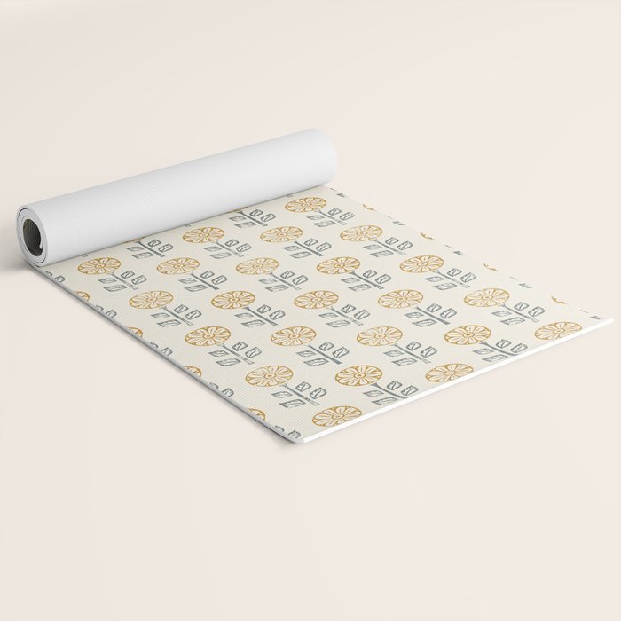 block print floral - mustard blue cream Yoga Mat Gallery Image 2