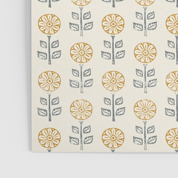 block print floral - mustard blue cream Poster Gallery Image 3