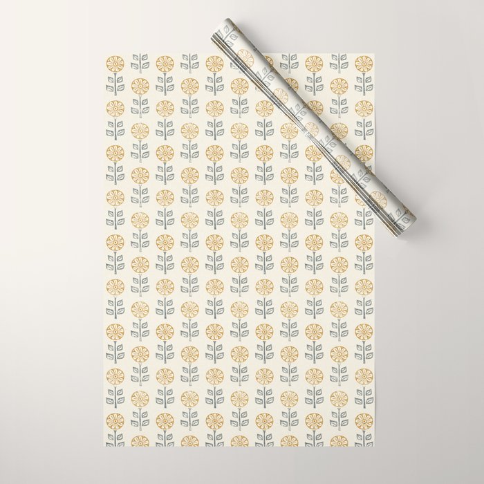 block print floral - mustard blue cream Wrapping Paper Gallery Image 1