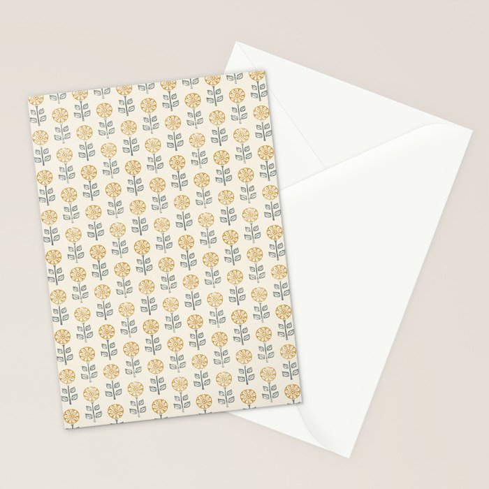 block print floral - mustard blue cream Stationery Card Gallery Image 2