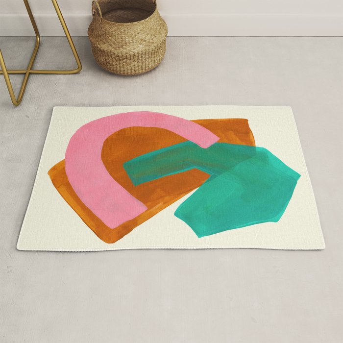 Ochre Pink Marine Green Fun Colorful Mid Century Modern Abstract Painting Shapes Pattern Rug Gallery Image 1