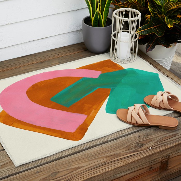 Ochre Pink Marine Green Fun Colorful Mid Century Modern Abstract Painting Shapes Pattern Outdoor Rug Gallery Image 2