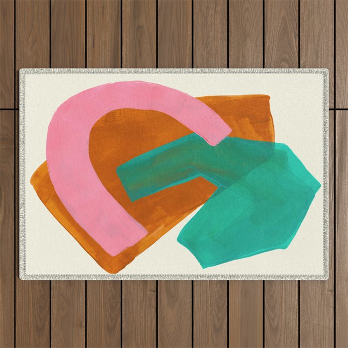 Ochre Pink Marine Green Fun Colorful Mid Century Modern Abstract Painting Shapes Pattern Outdoor Rug Gallery Image 1