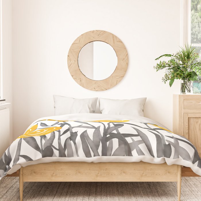 Fall Sunshine, Floral Watercolor Print, Yellow and Gray Duvet Cover Gallery Image 3