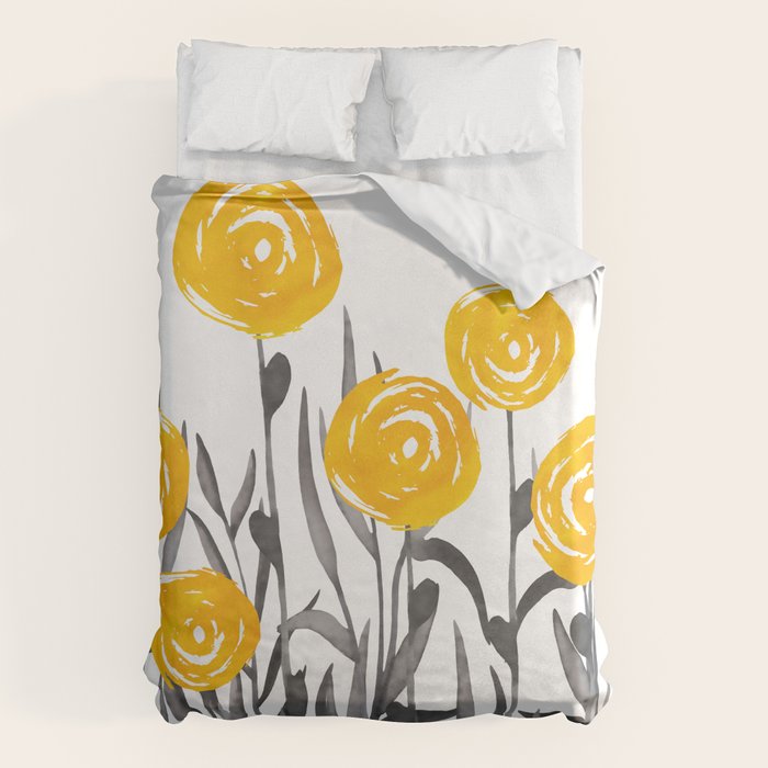 Fall Sunshine, Floral Watercolor Print, Yellow and Gray Duvet Cover Gallery Image 6
