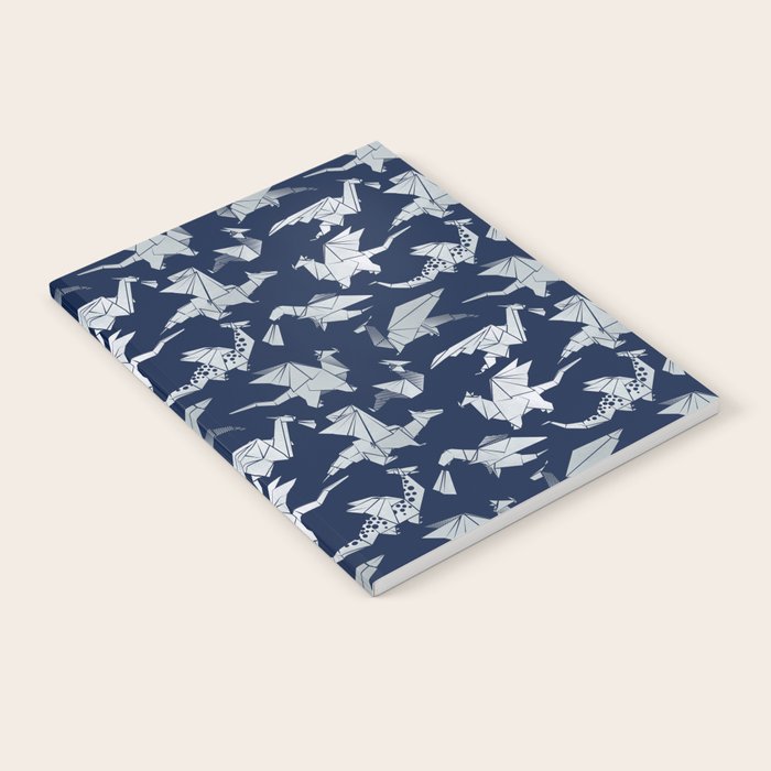 Origami metallic dragon friends // oxford navy blue background metal silver fantasy animals Notebook Gallery Image 2