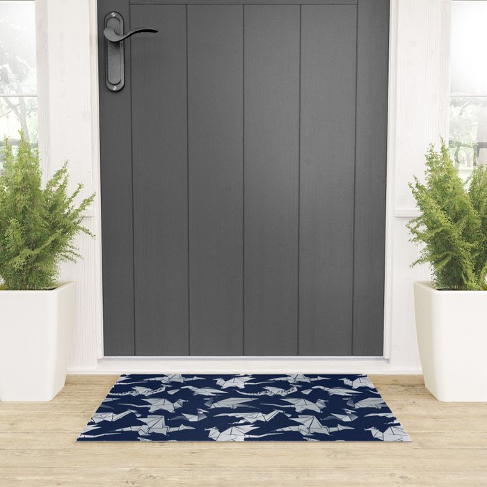 Origami metallic dragon friends // oxford navy blue background metal silver fantasy animals Welcome Mat Gallery Image 3