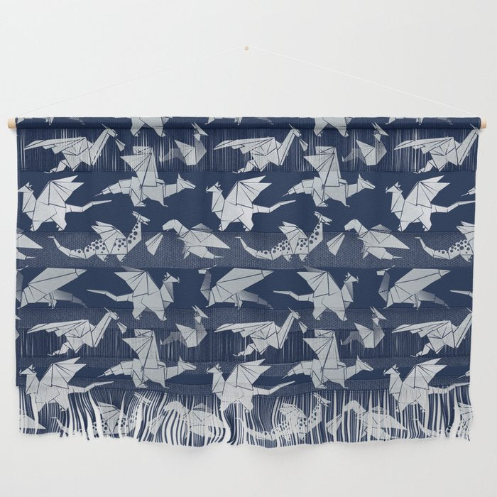 Origami metallic dragon friends // oxford navy blue background metal silver fantasy animals Wall Hanging Gallery Image 1