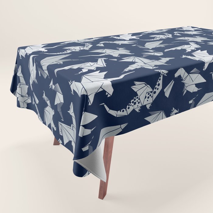 Origami metallic dragon friends // oxford navy blue background metal silver fantasy animals Tablecloth Gallery Image 1