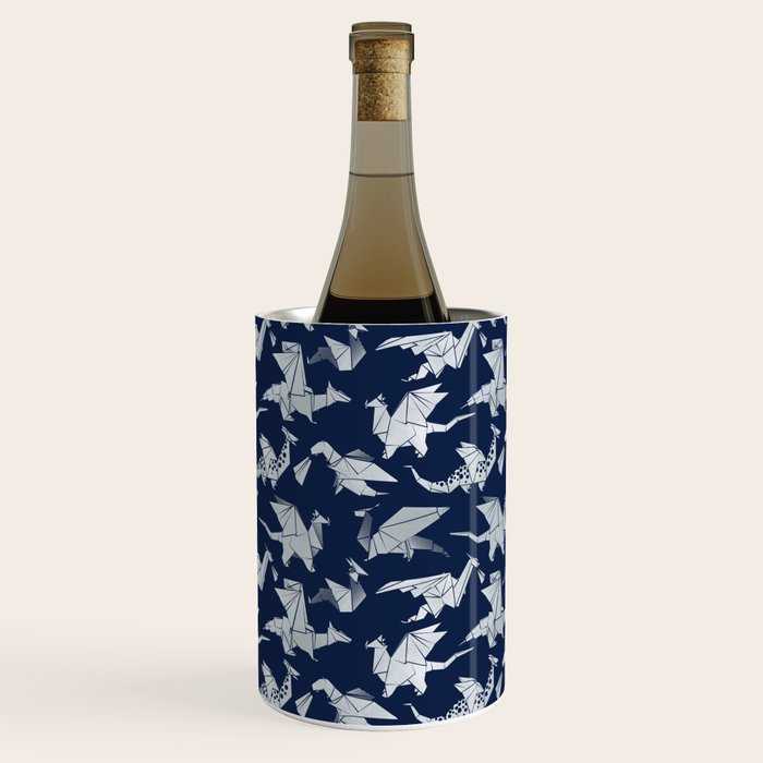 Origami metallic dragon friends // oxford navy blue background metal silver fantasy animals Wine Chiller Gallery Image 3