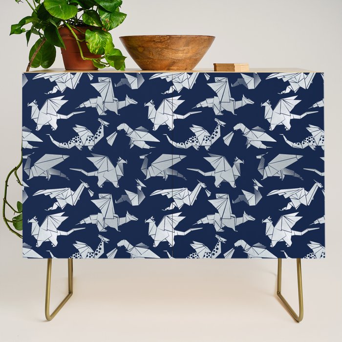 Origami metallic dragon friends // oxford navy blue background metal silver fantasy animals Credenza Gallery Image 1
