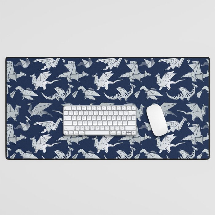 Origami metallic dragon friends // oxford navy blue background metal silver fantasy animals Desk Mat Gallery Image 1