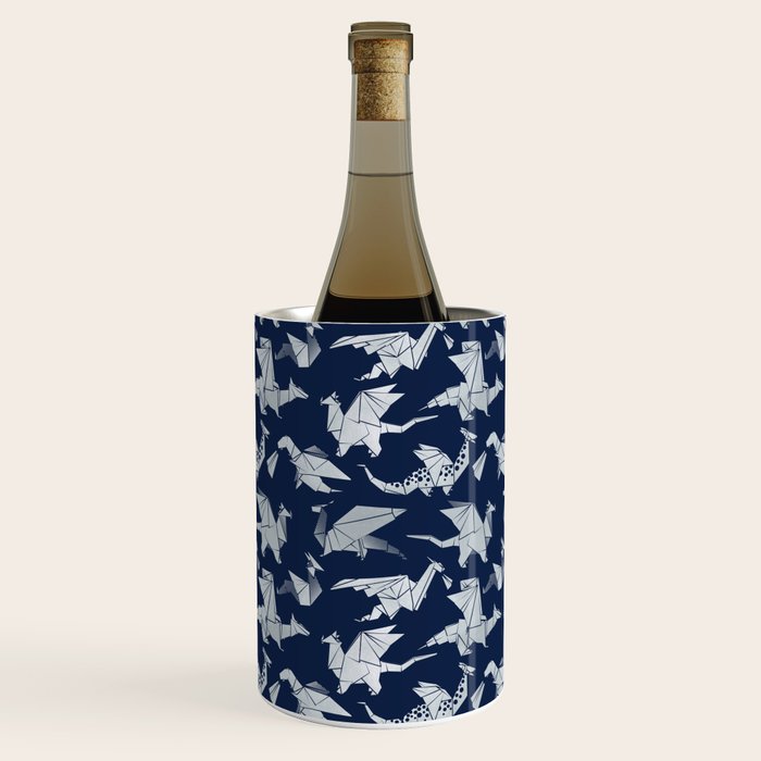 Origami metallic dragon friends // oxford navy blue background metal silver fantasy animals Wine Chiller Gallery Image 1
