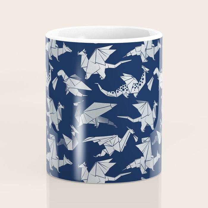 Origami metallic dragon friends // oxford navy blue background metal silver fantasy animals Coffee Mug Gallery Image 4