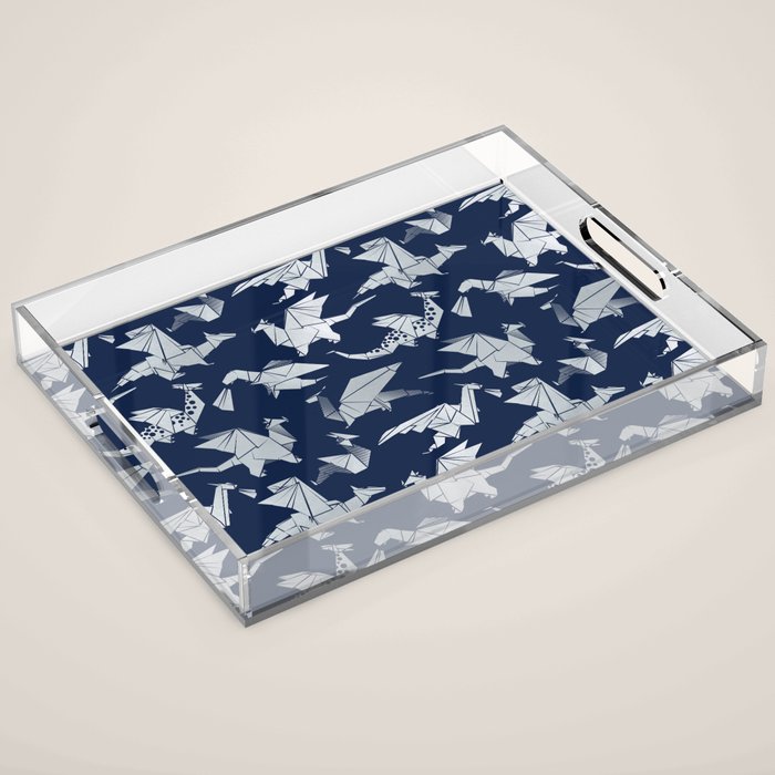 Origami metallic dragon friends // oxford navy blue background metal silver fantasy animals Acrylic Tray Gallery Image 1