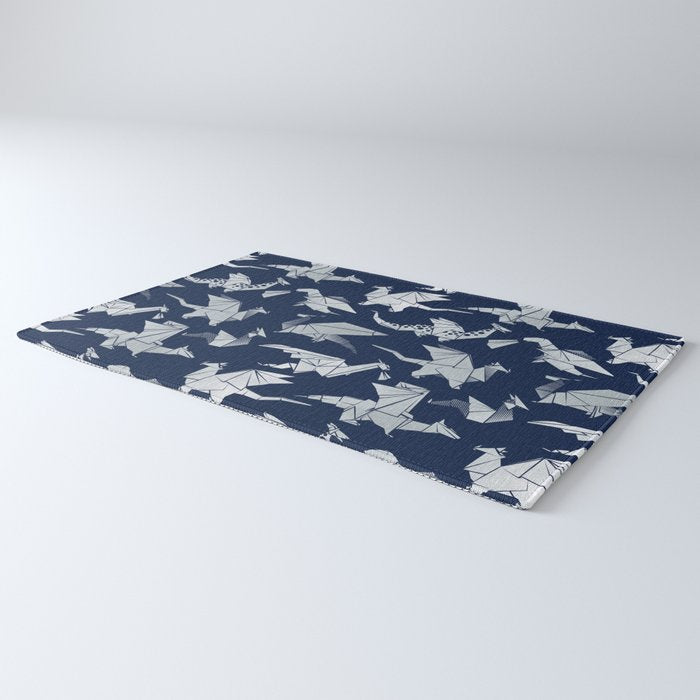 Origami metallic dragon friends // oxford navy blue background metal silver fantasy animals Rug Gallery Image 3