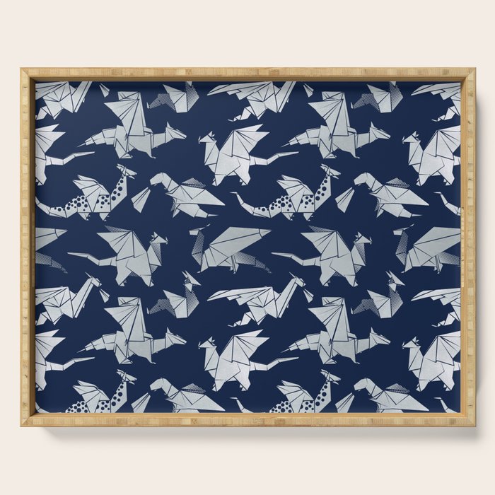 Origami metallic dragon friends // oxford navy blue background metal silver fantasy animals Serving Tray Gallery Image 1