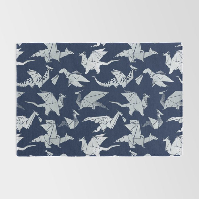 Origami metallic dragon friends // oxford navy blue background metal silver fantasy animals Rug Gallery Image 2