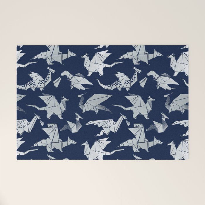 Origami metallic dragon friends // oxford navy blue background metal silver fantasy animals Welcome Mat Gallery Image 1