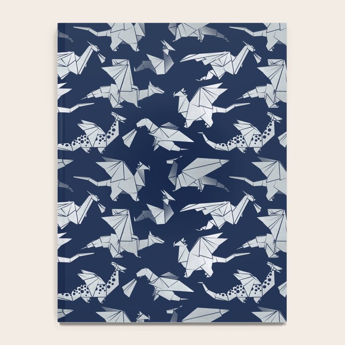 Origami metallic dragon friends // oxford navy blue background metal silver fantasy animals Notebook Gallery Image 4