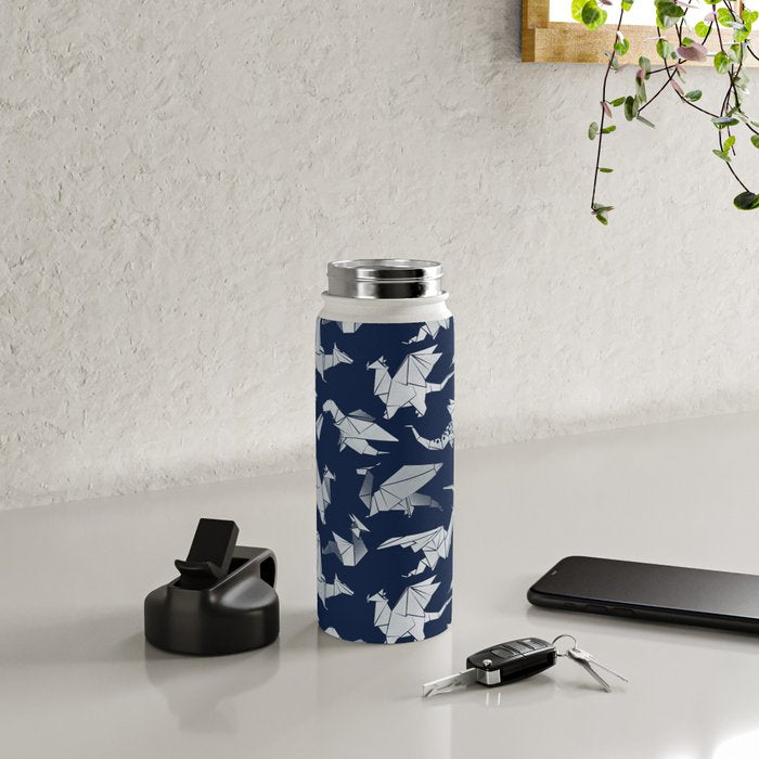 Origami metallic dragon friends // oxford navy blue background metal silver fantasy animals Water Bottle Gallery Image 4