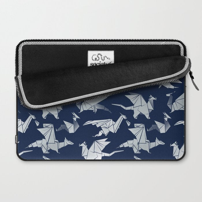 Origami metallic dragon friends // oxford navy blue background metal silver fantasy animals Laptop Sleeve Gallery Image 2