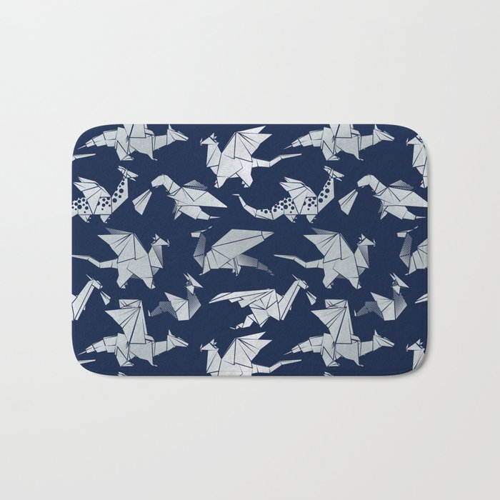 Origami metallic dragon friends // oxford navy blue background metal silver fantasy animals Bath Mat Gallery Image 1