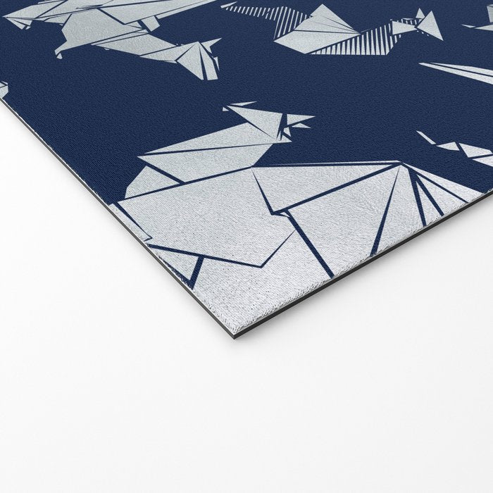 Origami metallic dragon friends // oxford navy blue background metal silver fantasy animals Welcome Mat Gallery Image 2