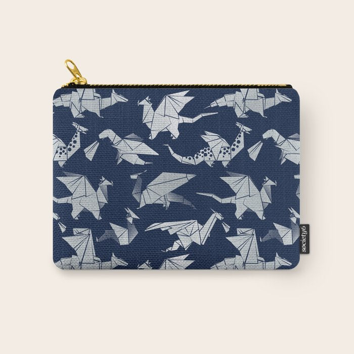 Origami metallic dragon friends // oxford navy blue background metal silver fantasy animals Carry All Pouch Gallery Image 1