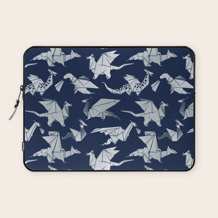 Origami metallic dragon friends // oxford navy blue background metal silver fantasy animals Laptop Sleeve Gallery Image 1
