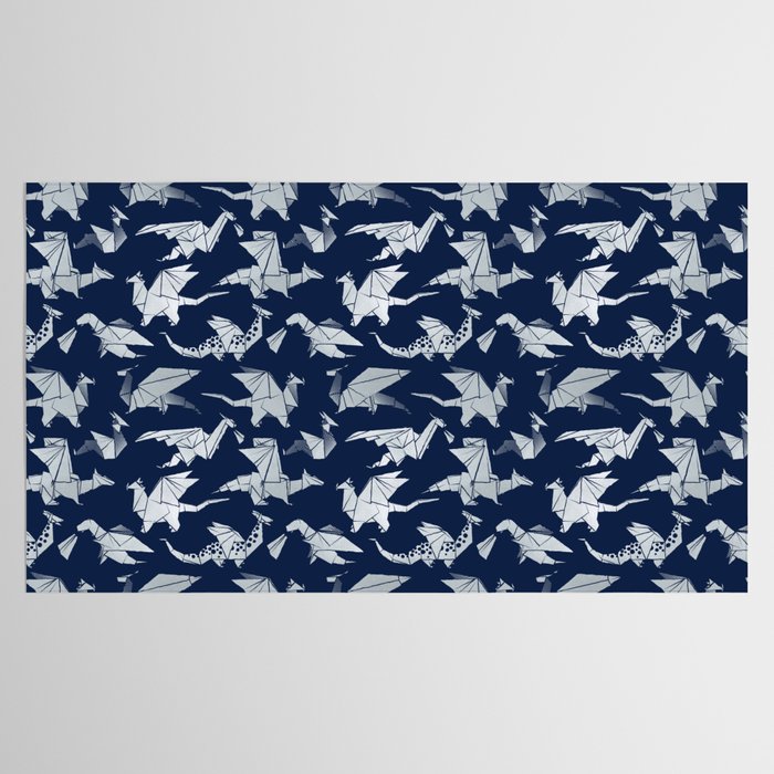 Origami metallic dragon friends // oxford navy blue background metal silver fantasy animals Tablecloth Gallery Image 2