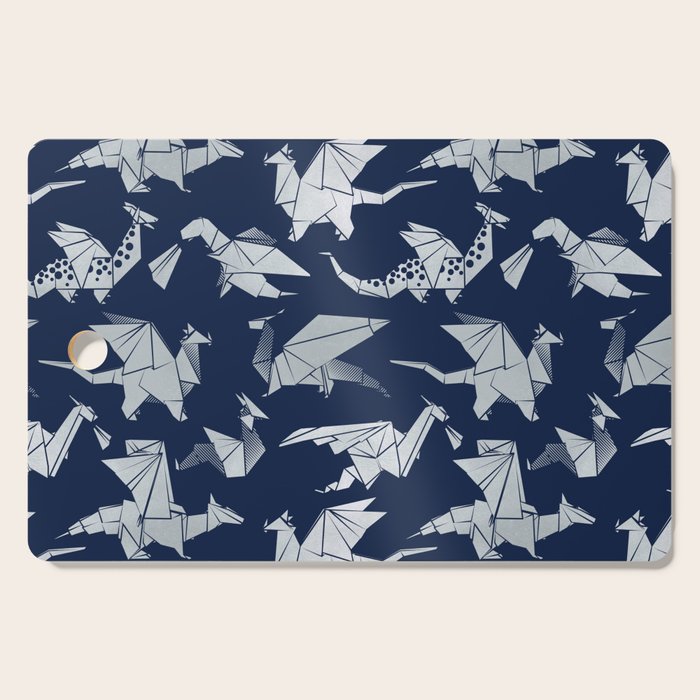 Origami metallic dragon friends // oxford navy blue background metal silver fantasy animals Cutting Board Gallery Image 1