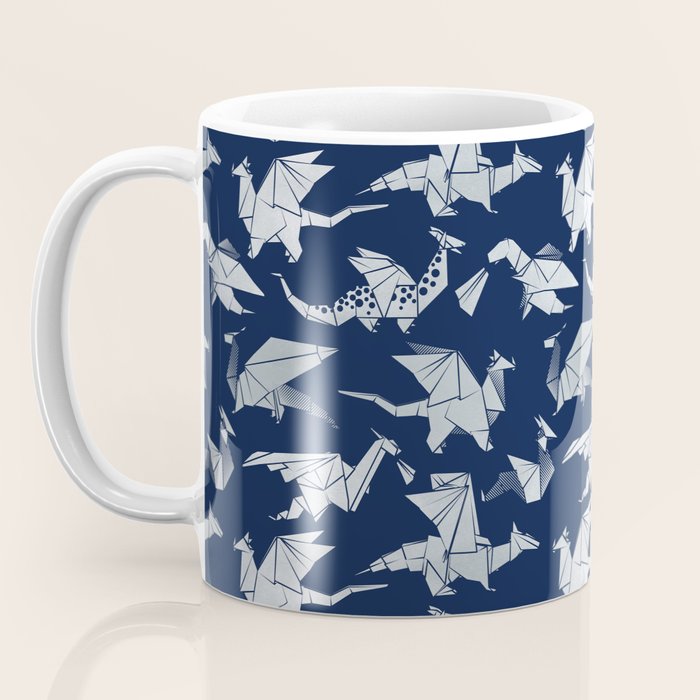 Origami metallic dragon friends // oxford navy blue background metal silver fantasy animals Coffee Mug Gallery Image 3