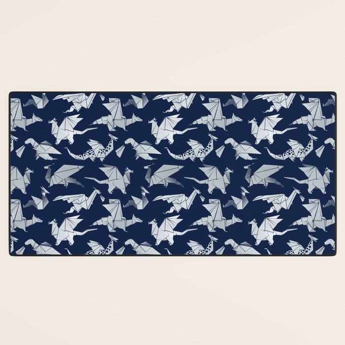 Origami metallic dragon friends // oxford navy blue background metal silver fantasy animals Desk Mat Gallery Image 3