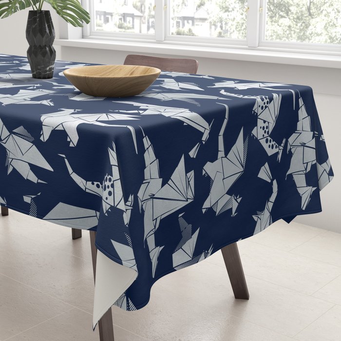 Origami metallic dragon friends // oxford navy blue background metal silver fantasy animals Tablecloth Gallery Image 3