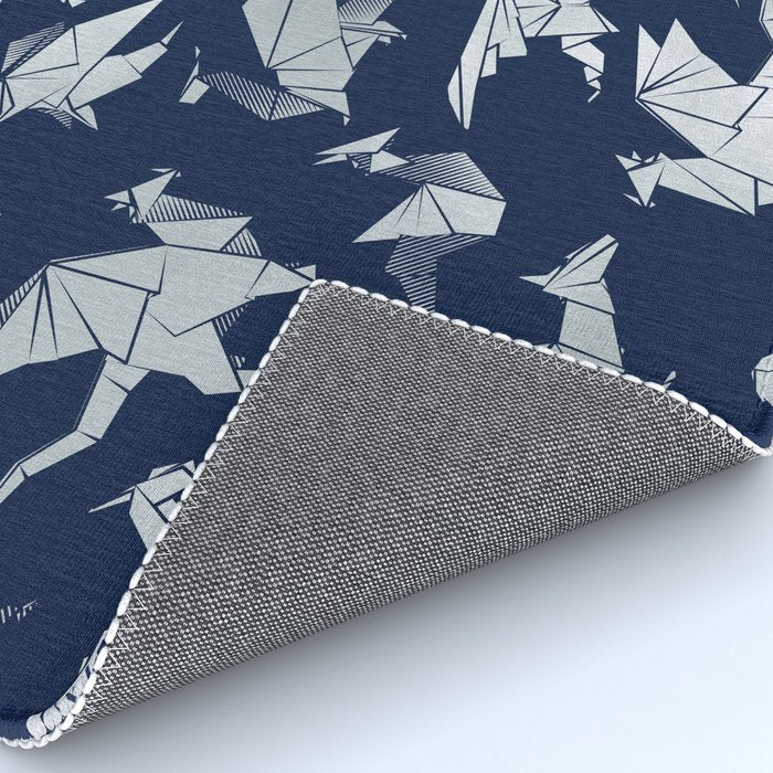 Origami metallic dragon friends // oxford navy blue background metal silver fantasy animals Rug Gallery Image 4
