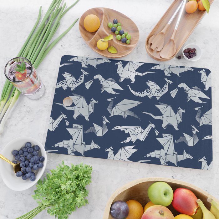 Origami metallic dragon friends // oxford navy blue background metal silver fantasy animals Cutting Board Gallery Image 2