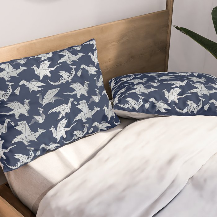 Origami metallic dragon friends // oxford navy blue background metal silver fantasy animals Pillow Sham Gallery Image 2