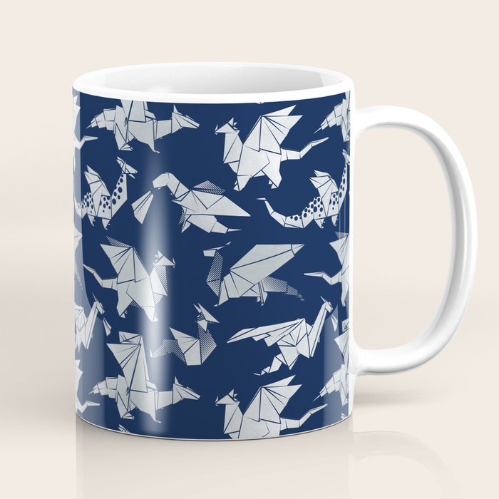 Origami metallic dragon friends // oxford navy blue background metal silver fantasy animals Coffee Mug Gallery Image 1