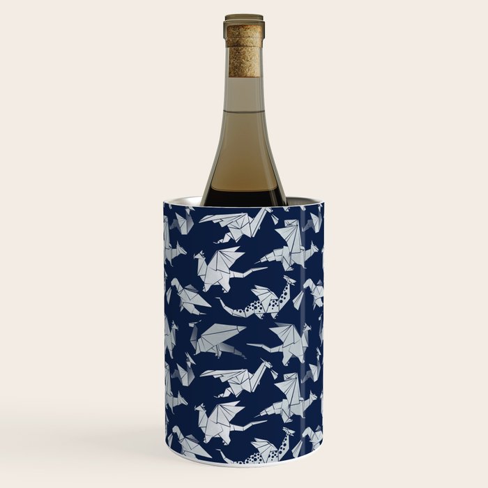 Origami metallic dragon friends // oxford navy blue background metal silver fantasy animals Wine Chiller Gallery Image 2