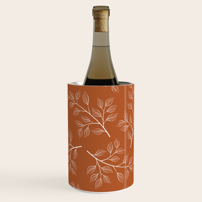 Delicate White Leaves and Branch on a Rust Orange Background Wine Chiller Gallery Image 1