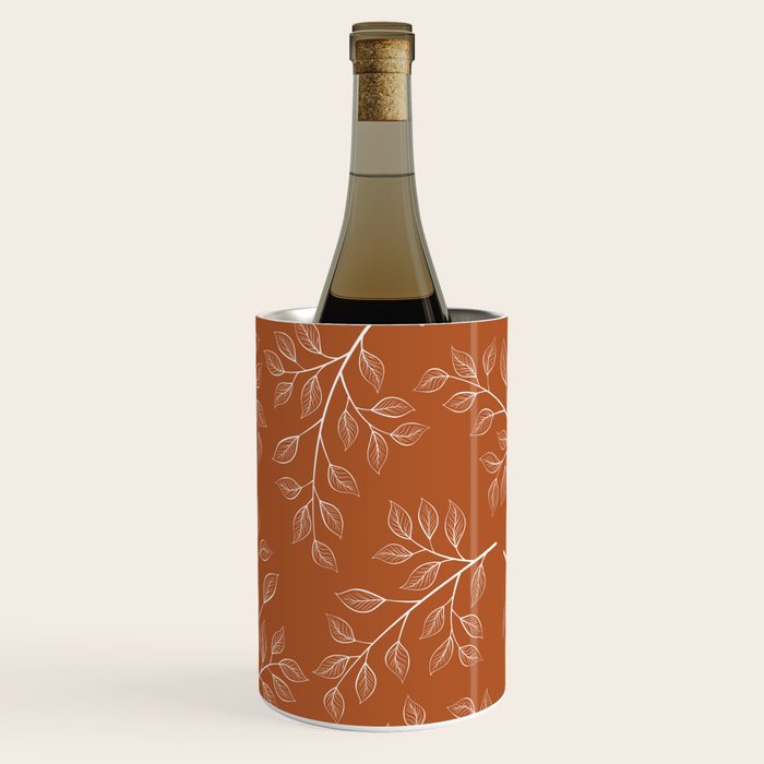 Delicate White Leaves and Branch on a Rust Orange Background Wine Chiller Gallery Image 2
