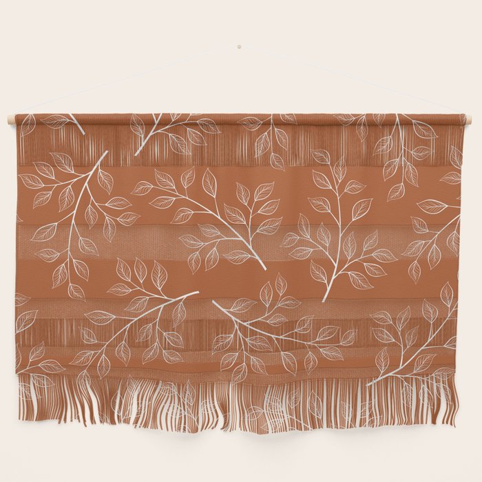 Delicate White Leaves and Branch on a Rust Orange Background Wall Hanging